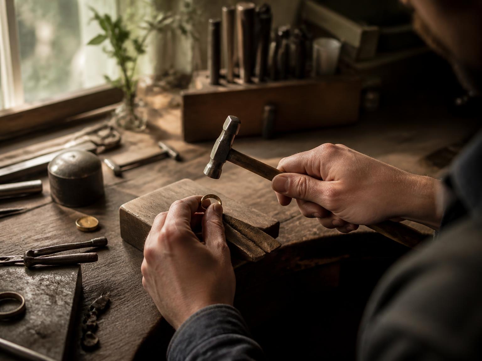 A jeweller shaping a gold ring by hand at a wooden workbench